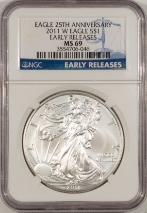 American Silver Eagles 2011-W BURNISHED AMERICAN SILVER EAGLE 25th ANNIVERSARY NGC MS-69 EARLY RELEASES