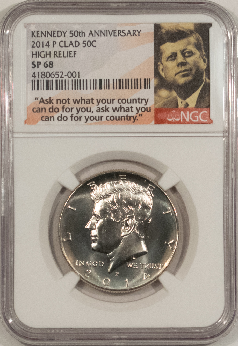 2014P CLAD KENNEDY HALF DOLLAR, HIGH RELIEF, 50TH ANNIVERSARY NGC SP