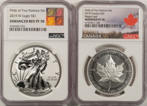 American Silver Eagles 2019 PRIDE OF 2 NATIONS 2 COIN SET, EAGLE/MAPLE NGC ENH REV PF-70 & MOD PF-70