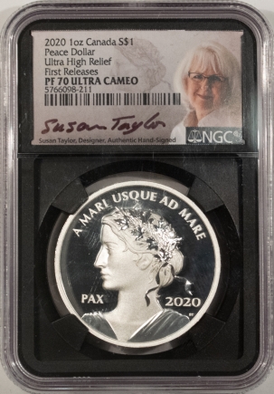 Exonumia 2020 1 OZ CANADA PEACE DOLLAR, ULTRA HIGH RELIEF, NGC PF-70 UCAM, EARLY RELEASES