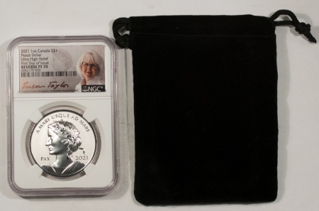 New Store Items 2021 1 OZ CANADA PEACE DOLLAR, ULTRA HIGH RELIEF, NGC REVERSE PF-70, FIRST DAY