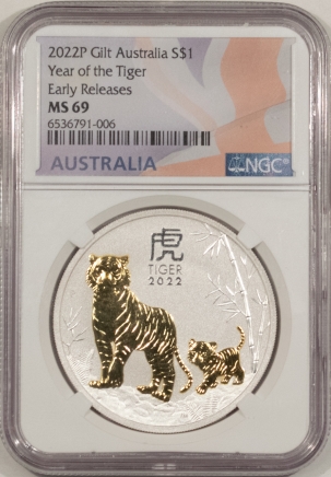 New Certified Coins 2022-P GILT AUSTRALIA SILVER DOLLAR, YEAR OF THE TIGER – NGC MS-69