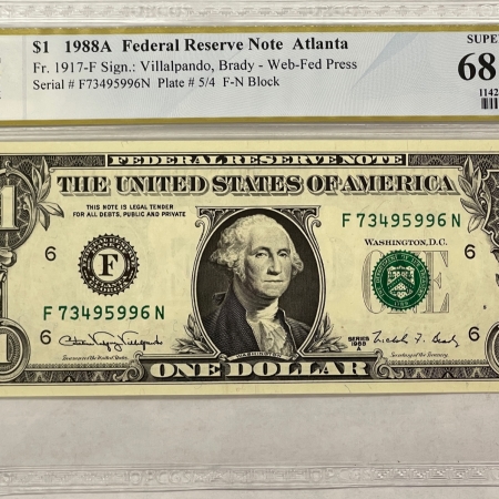 U.S. Currency 1988-A $1 FRN WEB PRESS, ATLANTA FR1917F F-N, PCGS SUPERB GEM UNC 68 PPQ, FINEST