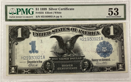 New Store Items 1899 $1 SILVER CERTIFICATE, BLACK EAGLE, FR-235 PMG ABOUT UNCIRCULATED 53, CRISP