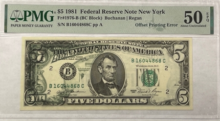 New Store Items 1981 $5 FRN FR-1976B, ERROR, PARTIAL BACK TO FRONT OFFSET PRINTING PMG AU-50 EPQ