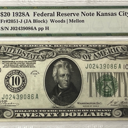 New Certified Coins 1928-A $20 FEDERAL RESERVE NOTE, 10-J KANSAS CITY, FR-2051-J, PCGS CHOICE UNC 64