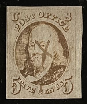 New Store Items SCOTT #1 5c RED-BROWN, USED, 4 MARGINS, STAMP PORTION VISIBLE @ RIGHT-CAT $350