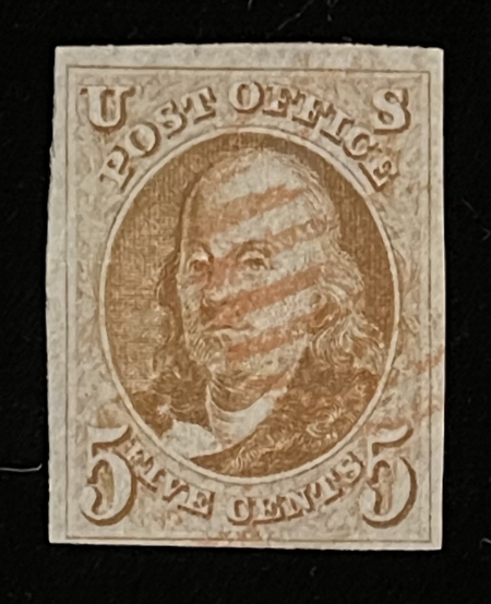 New Store Items SCOTT #1 5c RED-BROWN, 4 MARGINS (W/ 3 WIDE-JUMBO) USED-VF+, RED CANCEL-CAT $700