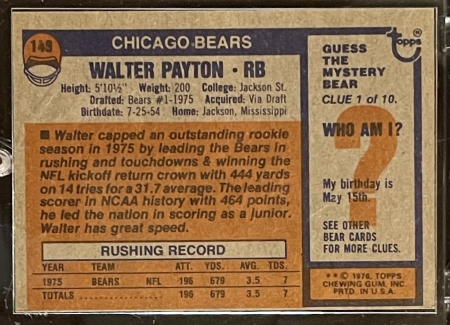 New Store Items 1976 TOPPS #148 WALTER PAYTON ROOKIE CARD, O/C BUT OTHERWISE FRESH & MINTY!