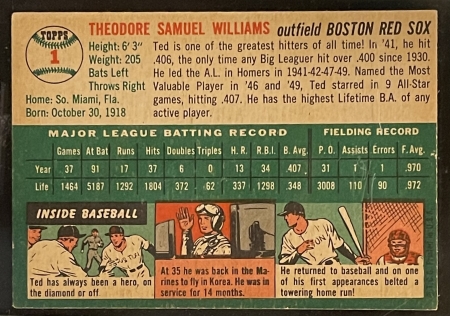 New Store Items 1954 TOPPS  #1 TED WILLIAMS, FRESH WITH NICE CORNERS/COLOR-BECKETT $1000+