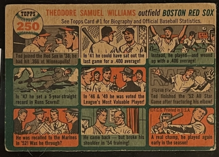 New Store Items 1954 TOPPS #250 TED WILLIAMS, BRIGHT & FRESH BUT WITH MINOR CORNER WEAR