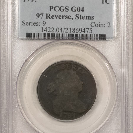 Draped Bust Large Cents 1797 DRAPED BUST LARGE CENT, 97 REV, STEMS – PCGS G-4, STRONG DATE & NICE!