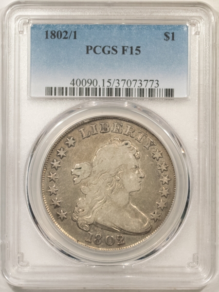 Dollars 1802/1 DRAPED BUST DOLLAR, PCGS FINE-15, PLEASING CIRCULATED EXAMPLE!