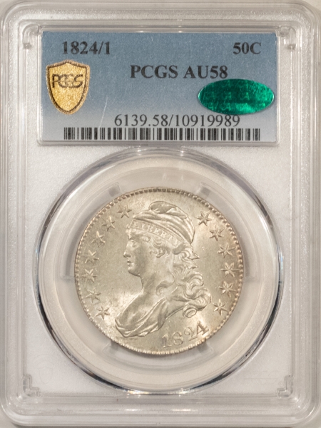 New Store Items 1824/1 CAPPED BUST HALF DOLLAR – PCGS AU-58 FRESH LUSTROUS CAC APPROVED! SCARCE!