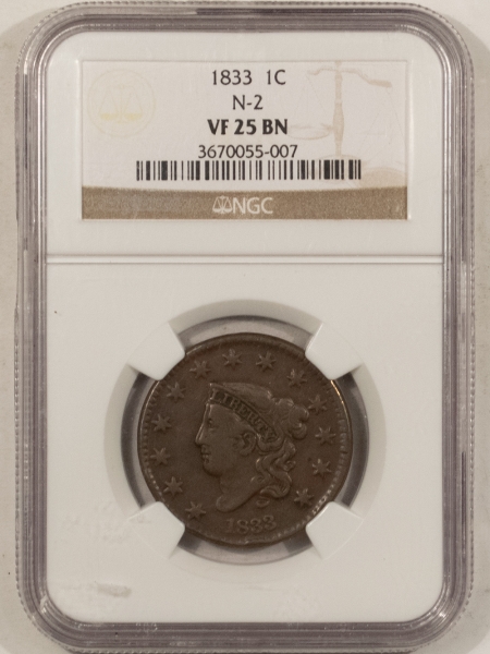 New Store Items 1833 CORONET HEAD LARGE CENT, N-2, DOUBLED PROFILE, NGC VF-25 BN