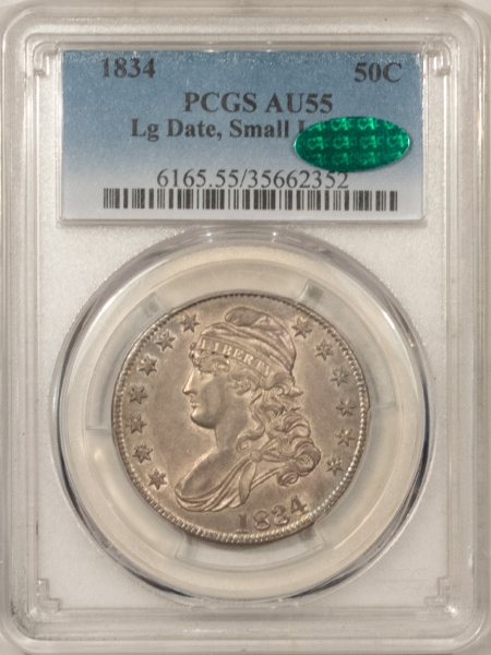 New Store Items 1834 CAPPED BUST HALF DOLLAR, LG DATE SM LETTERS, PCGS AU-55 CAC GREAT LOOK & PQ