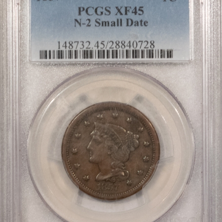 New Store Items 1857 BRAIDED HAIR LARGE CENT, N-2 SMALL DATE – PCGS XF-45 PERFECT, PROBLEM FREE!