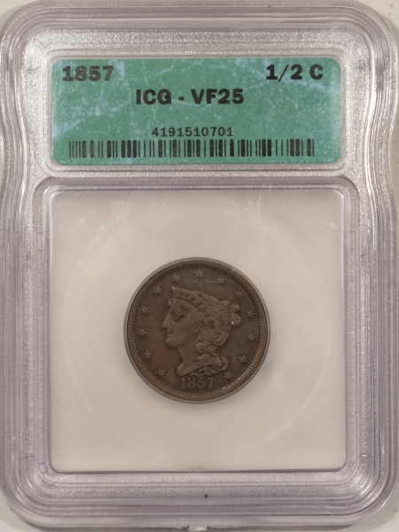 New Store Items 1857 BRAIDED HAIR HALF CENT – ICG VF-25, PERFECT CIRC & PROBLEM FREE!