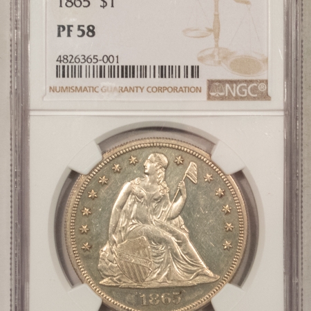 Liberty Seated Dollars 1865 PROOF SEATED LIBERTY DOLLAR NGC PF-58, WHITE W/ CONTRAST, LOOKS PR-62 CAMEO