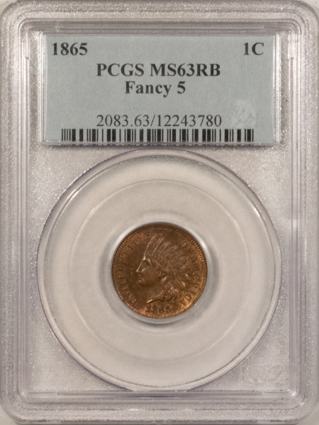 New Store Items 1865 INDIAN HEAD CENT, FANCY 5 – PCGS MS-63 RB, CHOICE & FRESH!