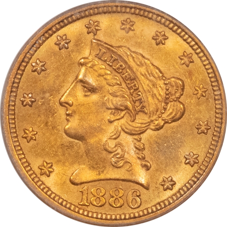 New Store Items 1886 $2.50 LIBERTY GOLD – PCGS AU-58, SCARCE, MINTAGE 4000!