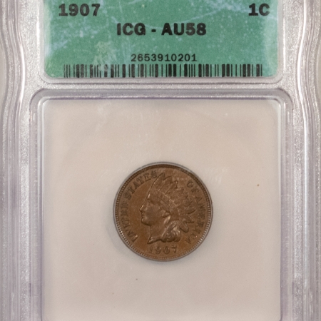 Indian 1907 INDIAN HEAD CENT – ICG AU-58, LOOKS UNCIRCULATED