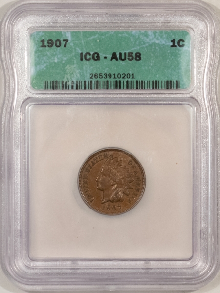 New Store Items 1907 INDIAN HEAD CENT – ICG AU-58, LOOKS UNCIRCULATED