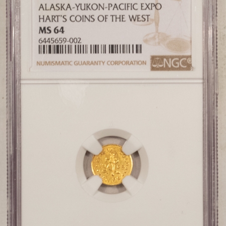 Exonumia 1909 WA GOLD 1/2DWT ALASKA-YUKON-PACIFIC EXPO HARTS COINS OF WEST – NGC MS-64