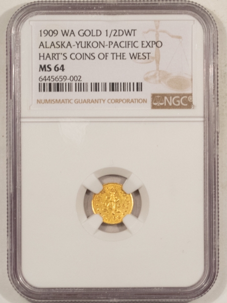 New Store Items 1909 WA GOLD 1/2DWT ALASKA-YUKON-PACIFIC EXPO HARTS COINS OF WEST – NGC MS-64