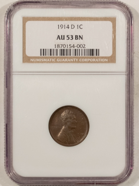 New Store Items 1914-D LINCOLN CENT – NGC AU-53 BN, SMOOTH BROWN KEY-DATE!