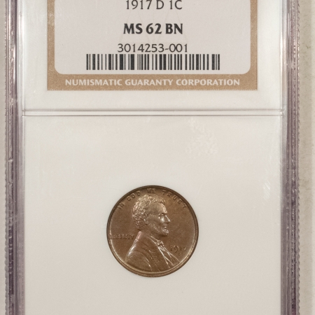 U.S. Certified Coins 1917-D LINCOLN CENT – NGC MS-62 BN, REALLY CHOICE!