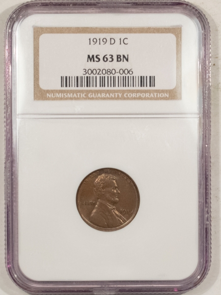 Lincoln Cents (Wheat) 1919-D LINCOLN CENT – NGC MS-63 BN, PREMIUM QUALITY! REALLY CHOICE!