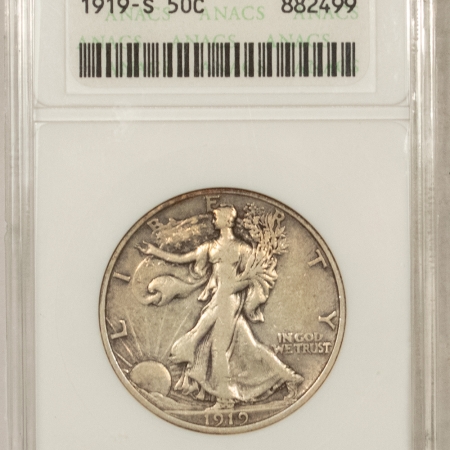 U.S. Certified Coins 1919-S WALKING LIBERTY HALF DOLLAR – ANACS VF-35, WHITE HOLDER, SCARCE IN VF+!