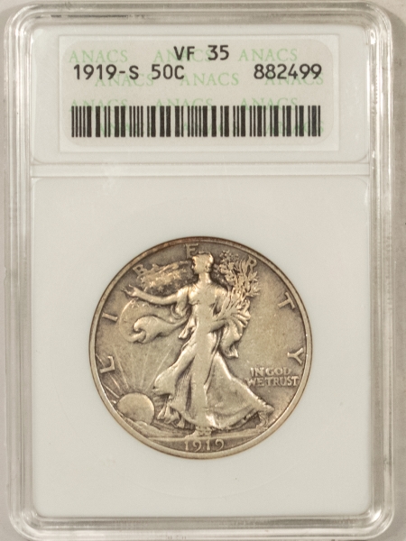 U.S. Certified Coins 1919-S WALKING LIBERTY HALF DOLLAR – ANACS VF-35, WHITE HOLDER, SCARCE IN VF+!