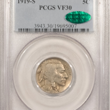 U.S. Certified Coins 1919-S BUFFALO NICKEL – PCGS VF-30, PERFECT CIRC & CAC APPROVED!
