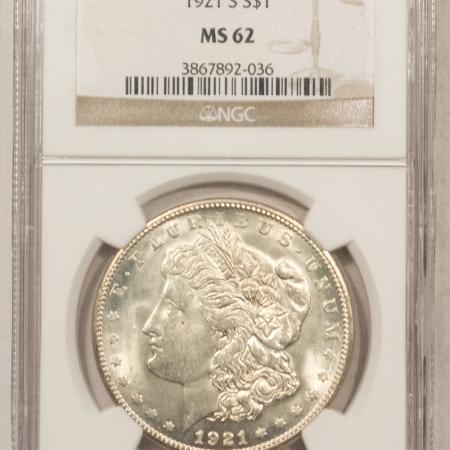 Morgan Dollars 1921-S MORGAN DOLLAR, NGC MS-62, BLAST WHITE & LOOKS CHOICE!