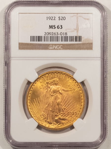 New Store Items 1922 $20 ST. GAUDENS GOLD DOUBLE EAGLE – NGC MS-63, CHOICE!