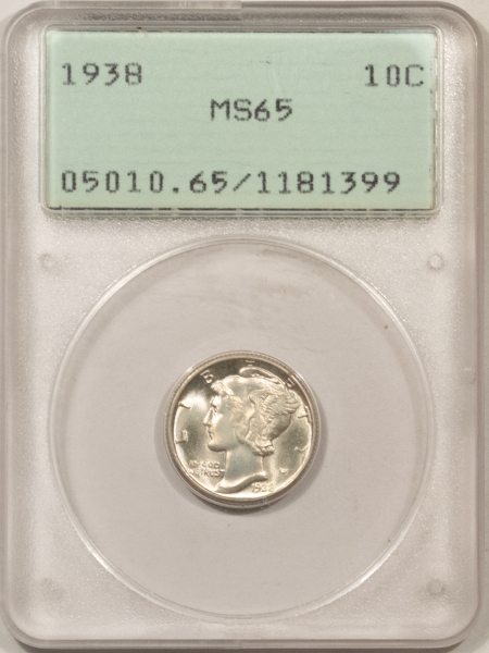 New Store Items 1938 MERCURY DIME – PCGS MS-65, RATTLER, PQ++, LOOKS 67, VERY EARLY SERIAL #