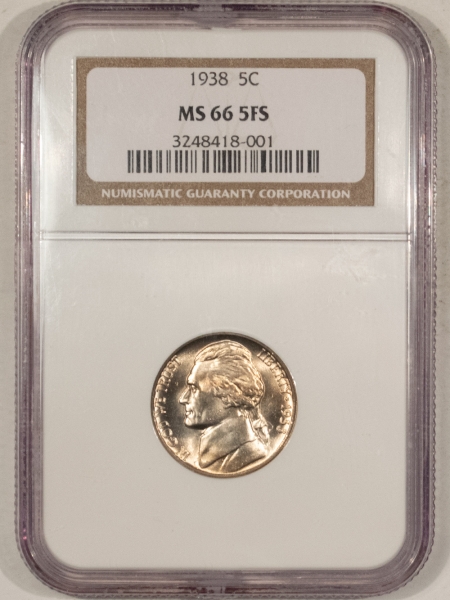 New Store Items 1938 JEFFERSON NICKEL – NGC MS-66 5FS, A SUPERB GEM!