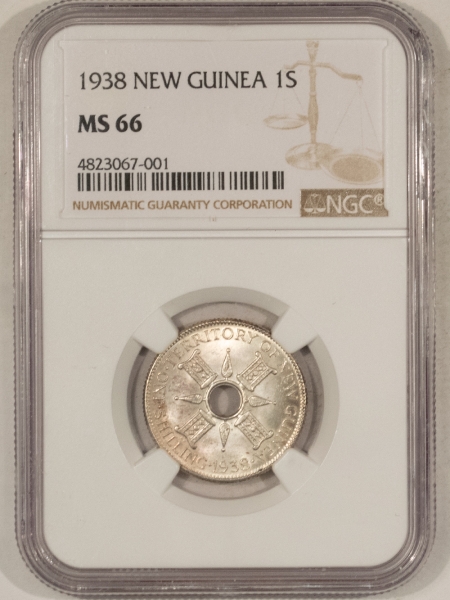 Other Numismatics 1938 TERRITORY OF NEW GUINEA 1 SHILLING, KM-8 – NGC MS-66, SCARCE THIS NICE!