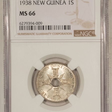 World Certified Coins 1938 TERRITORY OF NEW GUINEA 1 SHILLING, KM-8 – NGC MS-66, SCARCE THIS NICE!