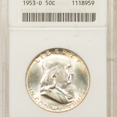New Store Items 1953-D FRANKLIN HALF DOLLAR – ANACS MS-64 FBL, OLD WHITE HOLDER, FRESH & PRETTY!