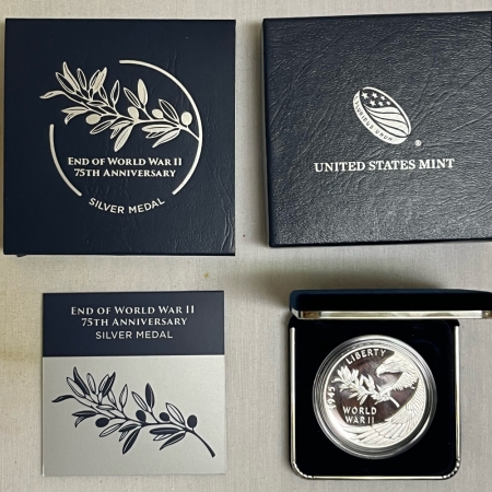 New Store Items 2020 END OF WORLD WAR II 75TH ANNIVERSARY SILVER MEDAL, GEM PROOF, US MINT PKG