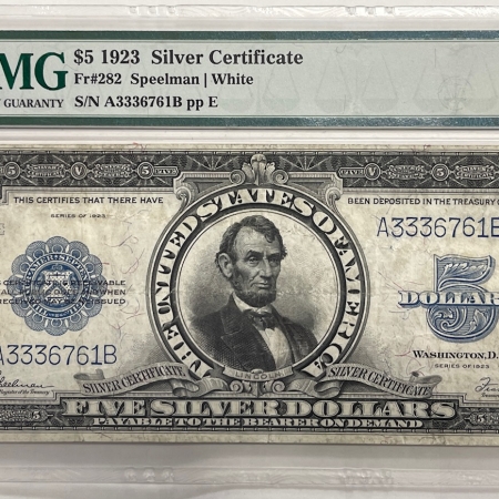 New Store Items 1923 $5 SILVER CERTIFICATE LINCOLN “PORTHOLE” FR-282 PMG VF-30, NICE COLOR, RARE