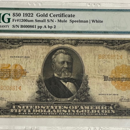 New Store Items 1922 $50 GOLD CERTIFICATE, FR-1200am MULE, PMG VF-25, PINHOLES, WHOLESOME & NICE