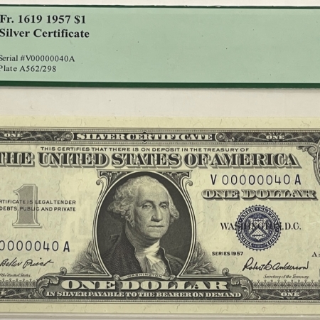 New Store Items 1957 $1 SILVER CERTIFICATE, FR-1619, TWO DIGIT SERIAL NUMBER #40, PCGS CH-63 PPQ