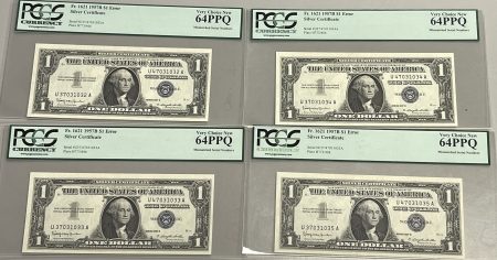 New Store Items 1957-B $1 SILVER CERTS, 4 CONSEC MISMATCHED SERIAL NUMBER ERRORS PCGS CU-64 PPQ!