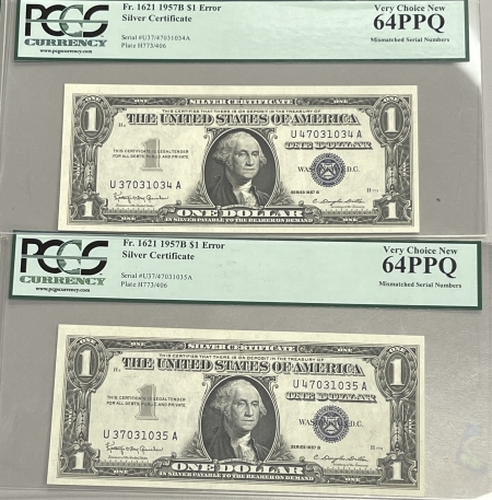 New Store Items 1957-B $1 SILVER CERTS, 4 CONSEC MISMATCHED SERIAL NUMBER ERRORS PCGS CU-64 PPQ!