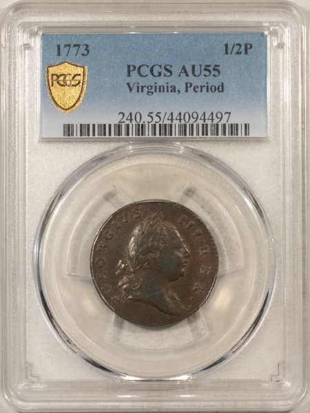 New Store Items 1773 VIRGINIA COLONIAL HALF PENNY COPPER, PERIOD – PCGS AU-55, GREAT SURFACES PQ