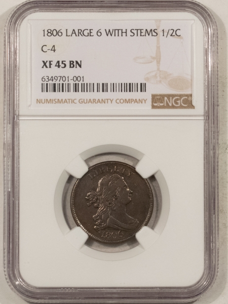 New Store Items 1806 DRAPED BUST HALF CENT, LG 6 STEMS, C-4 – NGC XF-45 BN, NICE SMOOTH & PQ!